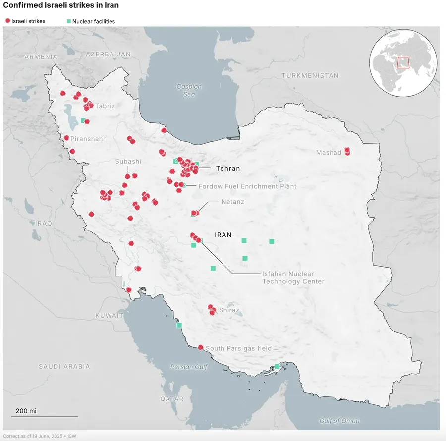 Map of Israeli strikes in Iran until June 19th